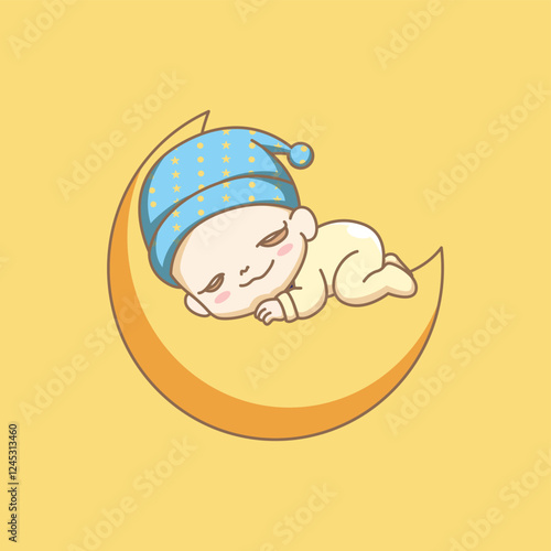 Cute Baby Sleeping On moon Cartoon Icon Illustration.