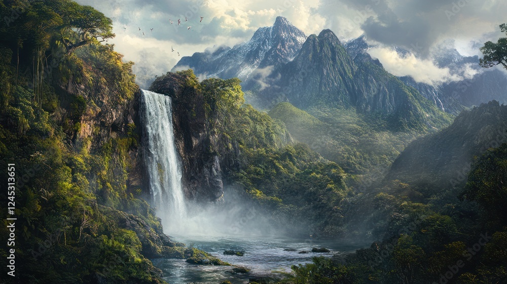 Majestic waterfall cascading down mountainside, lush jungle backdrop, ideal for travel brochure Majestic waterfall cascading down mountainside, lush jungle backdrop, ideal for travel brochure