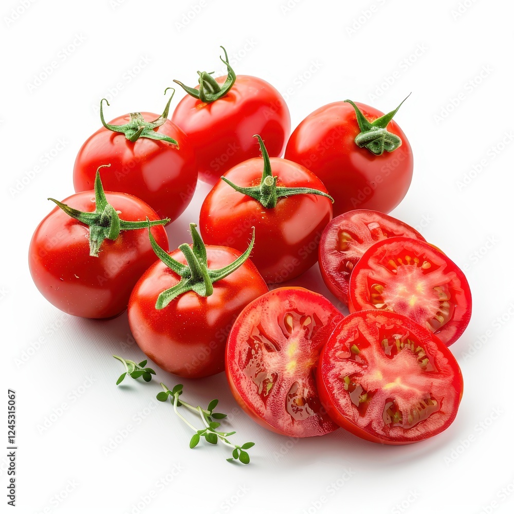 Fresh red tomatoes with thyme on white background. Fresh red tomatoes with thyme on white background.