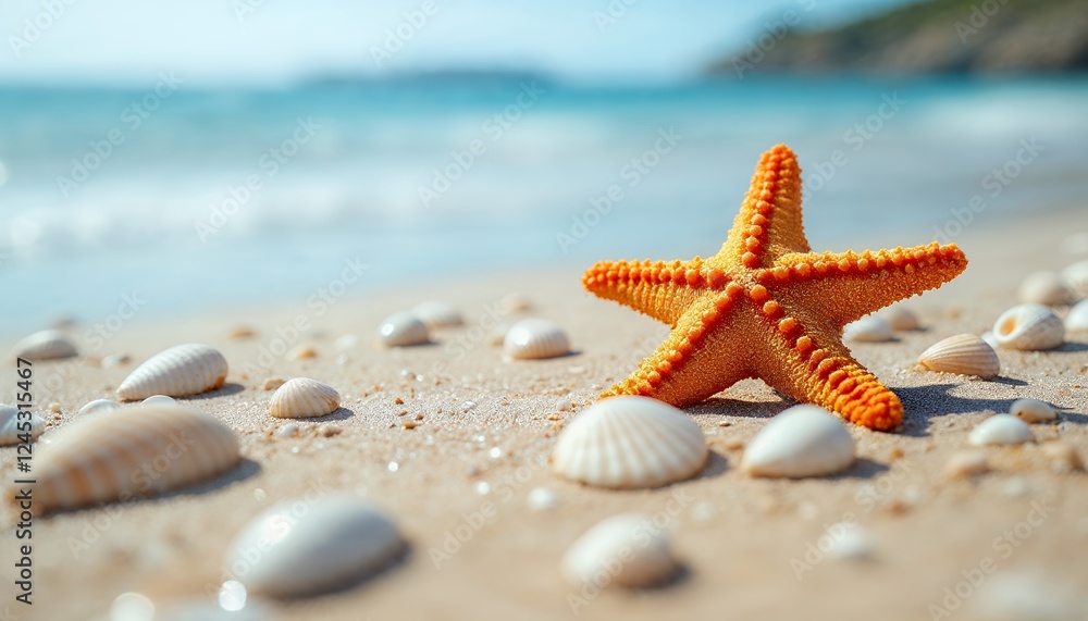 A Vibrant Starfish on a Sandy Beach Surrounded by Seashells and Sparkling Water A Vibrant Starfish on a Sandy Beach Surrounded by Seashells and Sparkling Water