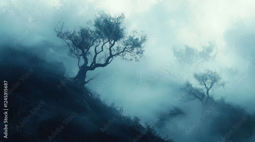 Misty Mountain Enchantment: A Breathtaking View of Trees Shrouded in Fog Misty Mountain Enchantment: A Breathtaking View of Trees Shrouded in Fog