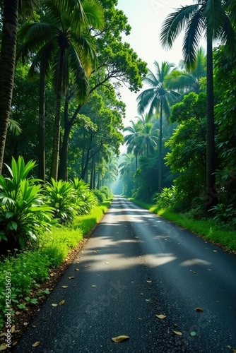 overgrown roadsides with trees and weeds growing alongside an asphalt road, , asphaltpavement, tropicalwoodland