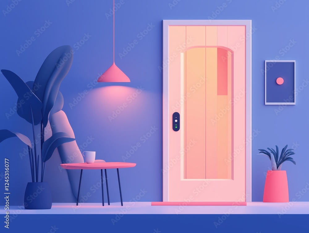 Fototapeta premium 3D rendering of a contemporary home entrance featuring a brightly lit door, small table with a cup, plants, and a smart lock system, creating a cozy atmosphere