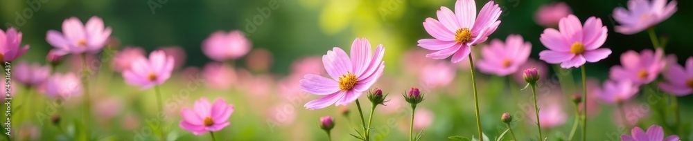 Pastel pink cosmos flowers bloom in a lush garden, nature scene, pastel colors, delicate blooms Pastel pink cosmos flowers bloom in a lush garden, nature scene, pastel colors, delicate blooms