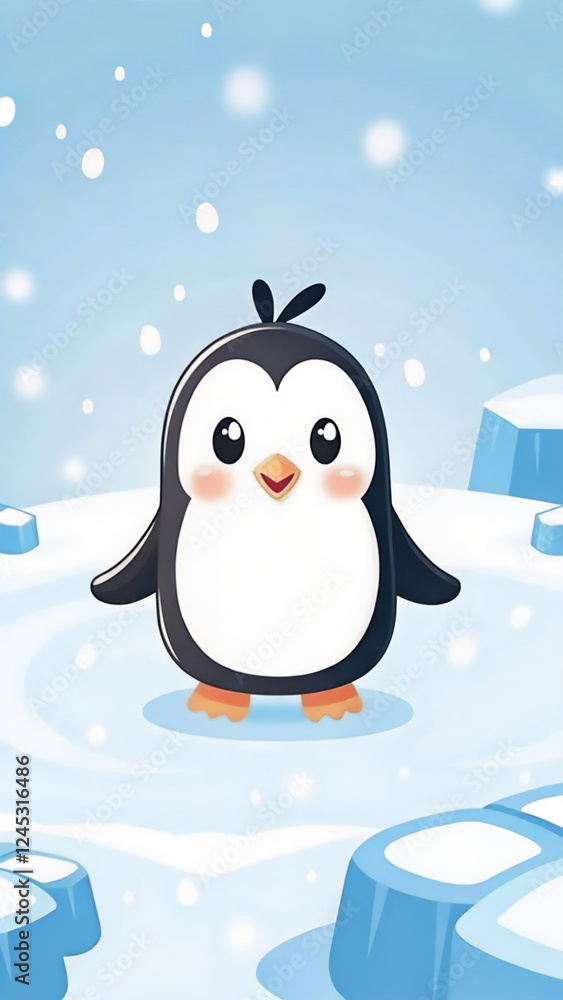 Naklejka premium Adorable Penguin in Winter Wonderland: A charming cartoon penguin stands on icy terrain amidst a gentle snowfall, evoking a sense of winter warmth and cuteness. 
