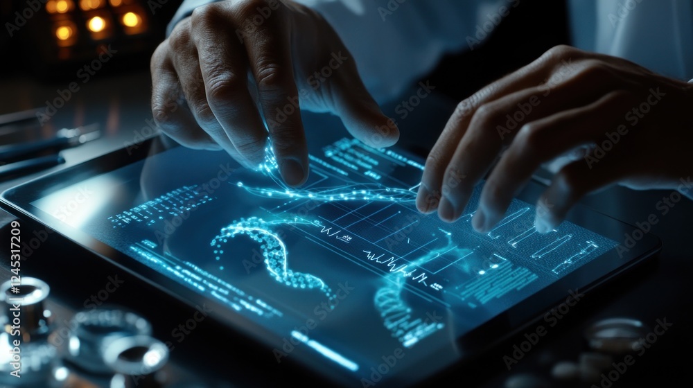 Scientist analyzing DNA data on tablet at night lab Scientist analyzing DNA data on tablet at night lab