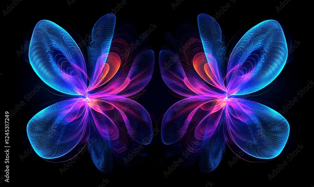Neon butterfly fractal art, dark background, symmetry, digital design Neon butterfly fractal art, dark background, symmetry, digital design