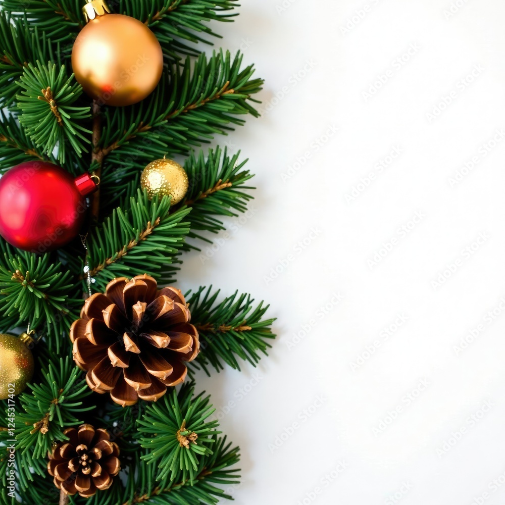 Pinecone and ornament arrangement on a green pine branch, Christmas, garland Pinecone and ornament arrangement on a green pine branch, Christmas, garland
