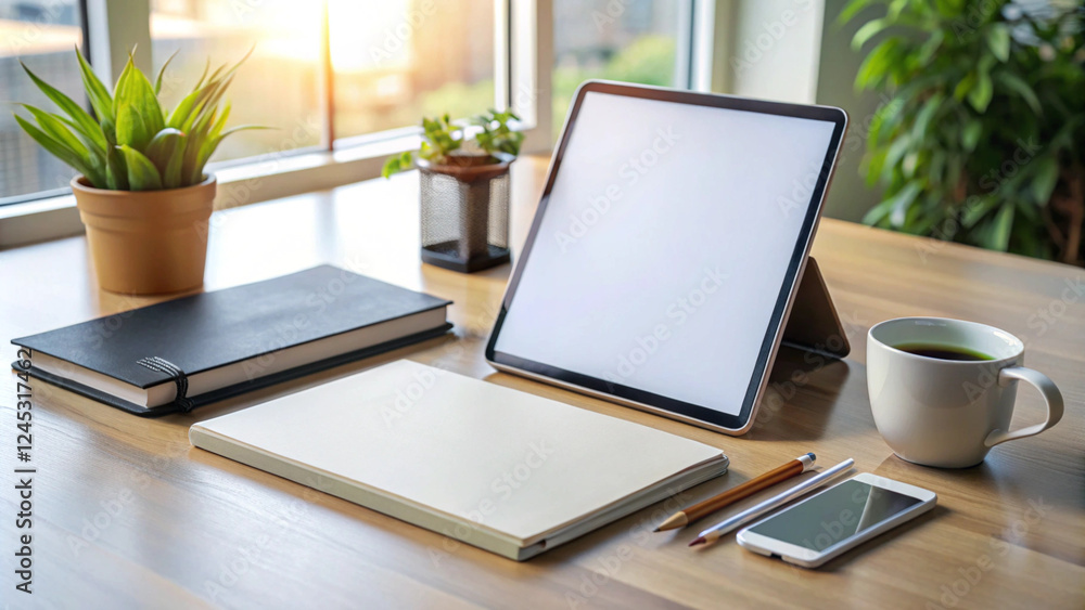 Workspace Mockup with Blank Notebook, Digital Tablet, Smartphone, and Coffee Cup on Wooden Table by Sunny Window