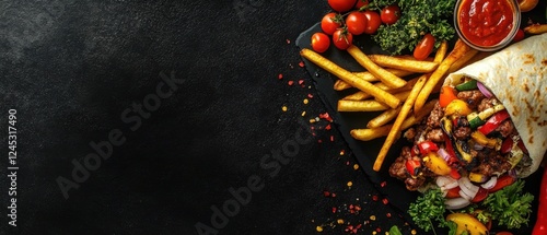 Homemade doner kebab with fries and veggies on a black backdrop- offering ample copy space