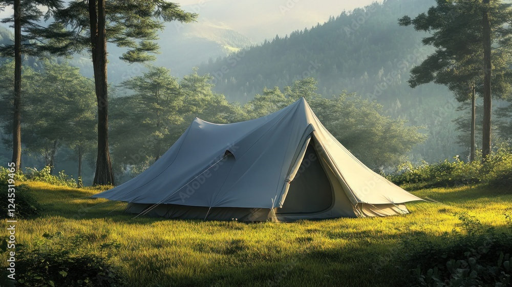 A serene camping scene featuring a tent in a lush, green forest setting. A serene camping scene featuring a tent in a lush, green forest setting.