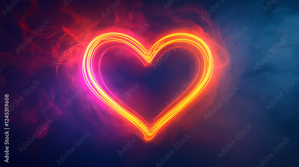 A vibrant neon heart glowing in a misty, colorful atmosphere, symbolizing love. A vibrant neon heart glowing in a misty, colorful atmosphere, symbolizing love.