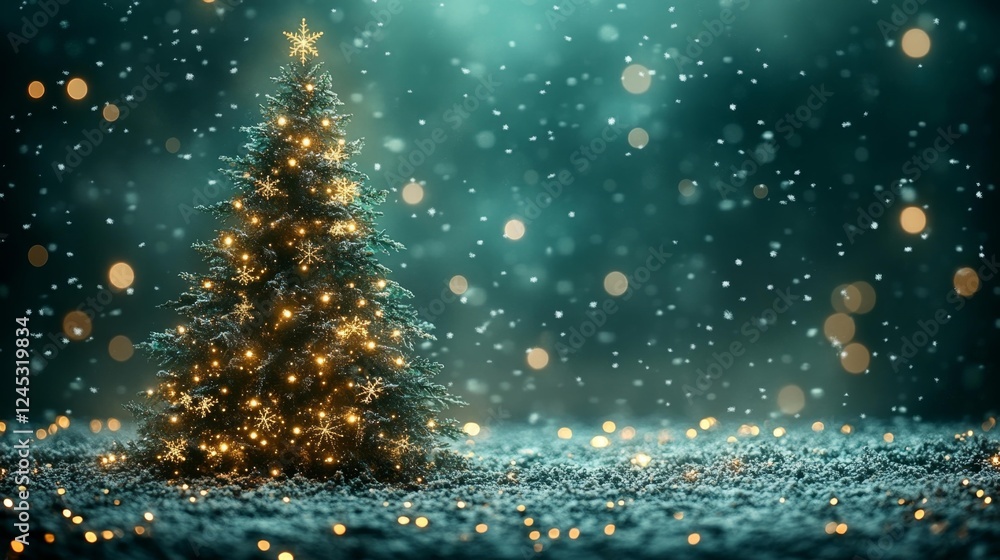 Christmas Tree with Golden Snowflakes in Snow. Generative AI Christmas Tree with Golden Snowflakes in Snow. Generative AI