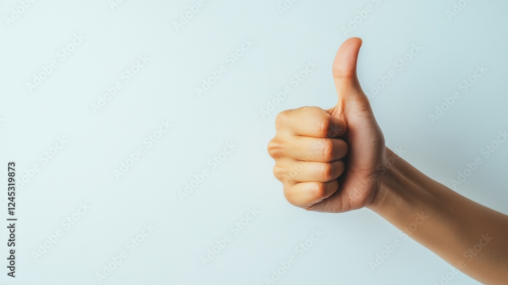 Close-up of hand giving thumbs up gesture against light blue background Close-up of hand giving thumbs up gesture against light blue background