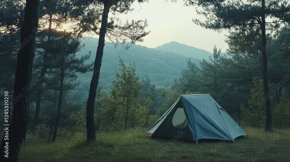 A serene camping scene with a tent nestled among trees at sunset. A serene camping scene with a tent nestled among trees at sunset.