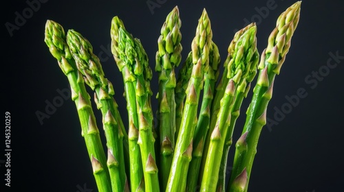 A bunch of fresh asparagus spears standing tall against a black backdrop, their green tips sharp and defined, Generative AI