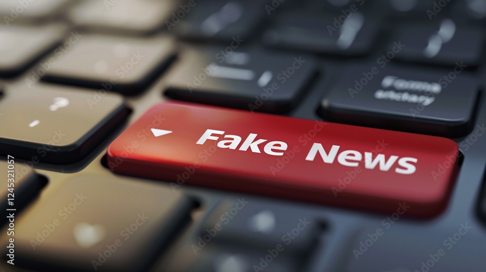 Fake news concept represented by a red button on a computer keyboard symbolizing the spread of misinformation disinformation and propaganda through digital platforms and social media Fake news concept represented by a red button on a computer keyboard symbolizing the spread of misinformation disinformation and propaganda through digital platforms and social media