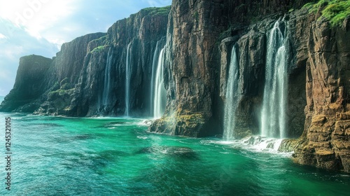Coastal waterfalls cascade into turquoise ocean; dramatic cliffs