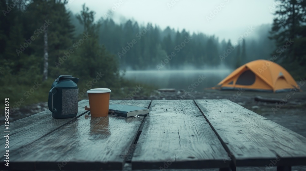 A serene campsite by a lake with a tent, table, and drinks, ideal for relaxation.