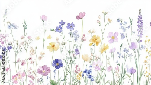 Beautiful seamless floral water color pattern Set, watercolor wild flowers, leaves and grass,Collection botanic garden elements, isolated illustration in rustic or vintage style,copy space.