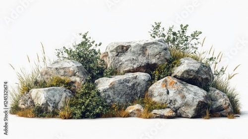 Natural Rocky Hill with Green Bushes and Grass on White. Generative AI photo