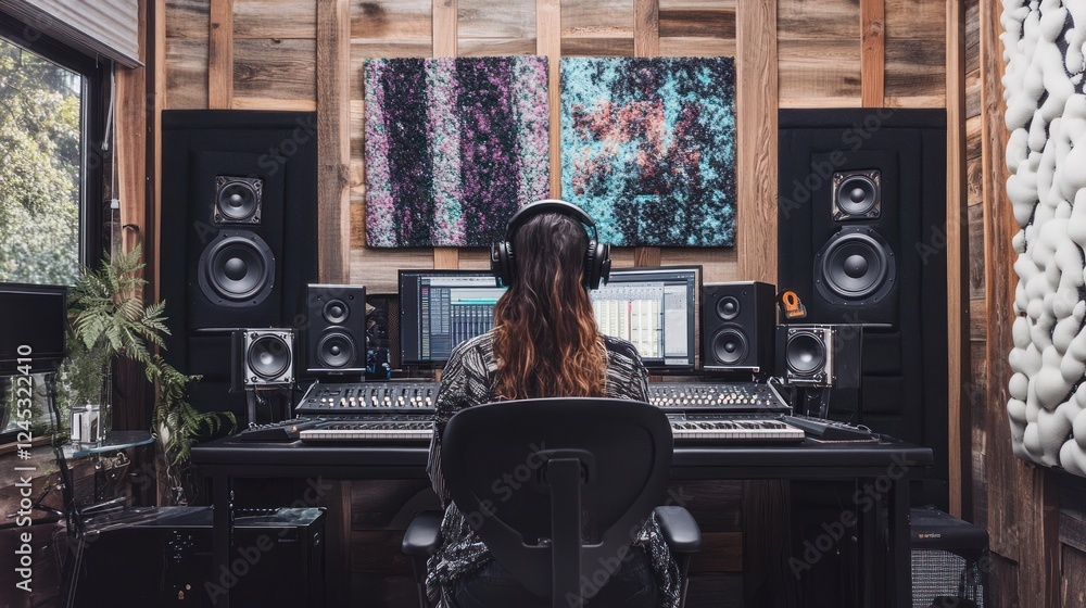 Naklejka premium Woman mixing music in home studio, wooden walls, artwork background