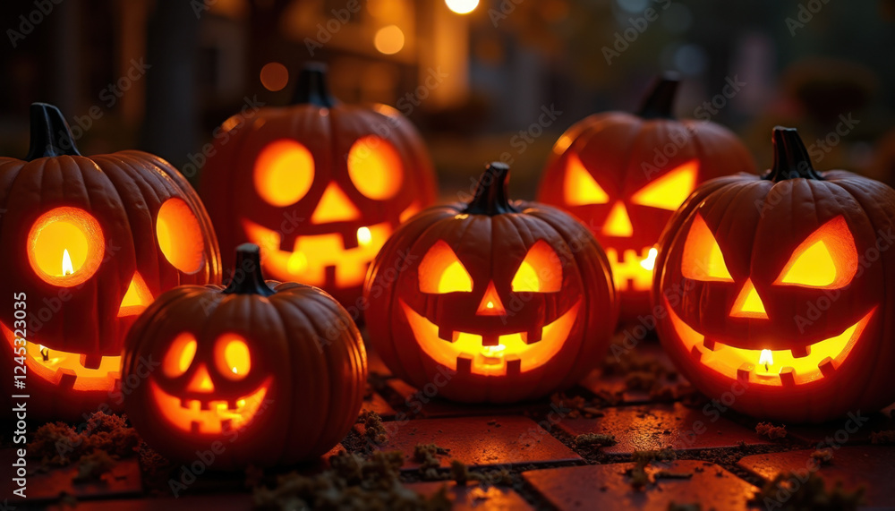 Fototapeta premium Close-up of Glowing Jack-o'-lantern Expressions