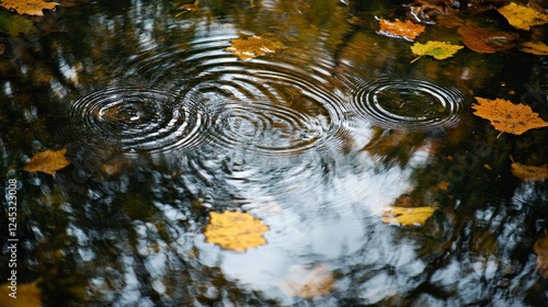 Autumn leaves floating on rippling water surface with reflections