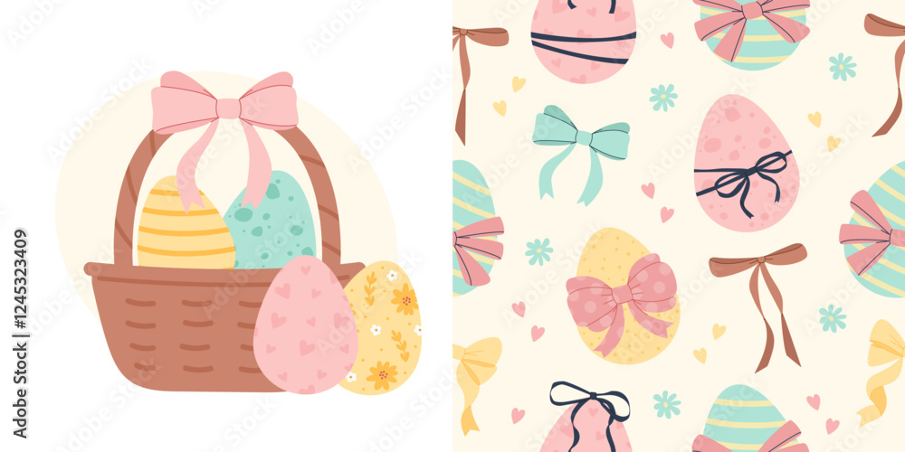 Fototapeta premium Seamless pattern with Easter eggs and bows