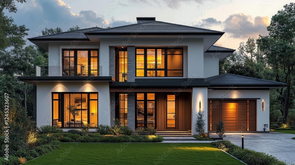 Modern luxury home with illuminated windows and lush garden. Generative AI Modern luxury home with illuminated windows and lush garden. Generative AI