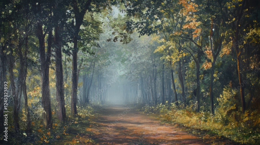 Obraz premium Natural transpiration Concept. A serene forest path shrouded in mist, bordered by lush greenery and trees, creating a tranquil and atmospheric scene.