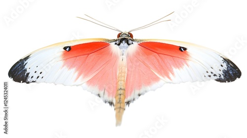 A Detailed Dorsal View of a Salmon-Pink and White Butterfly with Black Markings photo