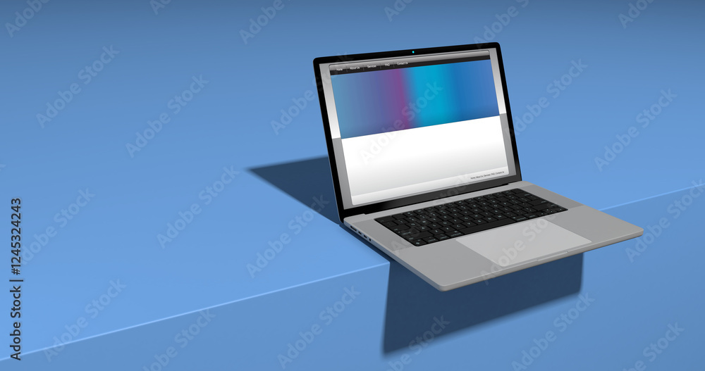 Open laptop with web page on screen, on edge of blue table against blue background Open laptop with web page on screen, on edge of blue table against blue background
