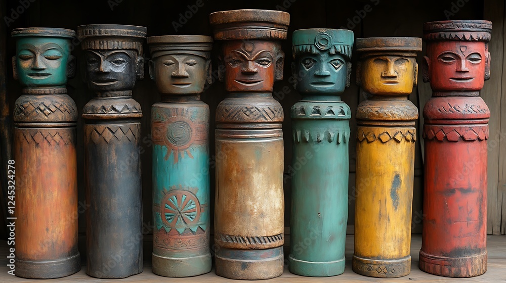 Colorful Wooden Carved Figurines Displayed In A Row Colorful Wooden Carved Figurines Displayed In A Row