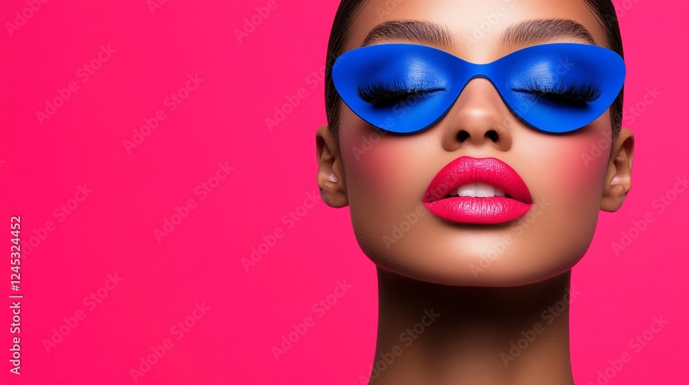 Cool Look: A stylish woman in sunglasses embodies modern fashion, with vibrant pink lipstick against a pop of color, radiating confidence and beauty. Cool Look: A stylish woman in sunglasses embodies modern fashion, with vibrant pink lipstick against a pop of color, radiating confidence and beauty.