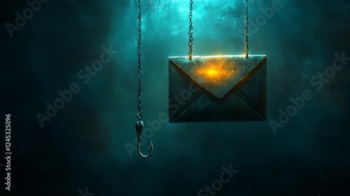 Metallic envelope suspended by chains with fishing hook underneath glowing in dark blue background. Generative AI photo