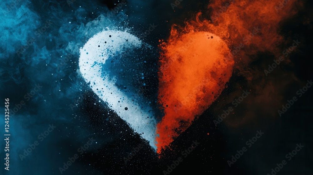 Abstract Blue And Orange Powder Heart Shape On Dark Background Abstract Blue And Orange Powder Heart Shape On Dark Background