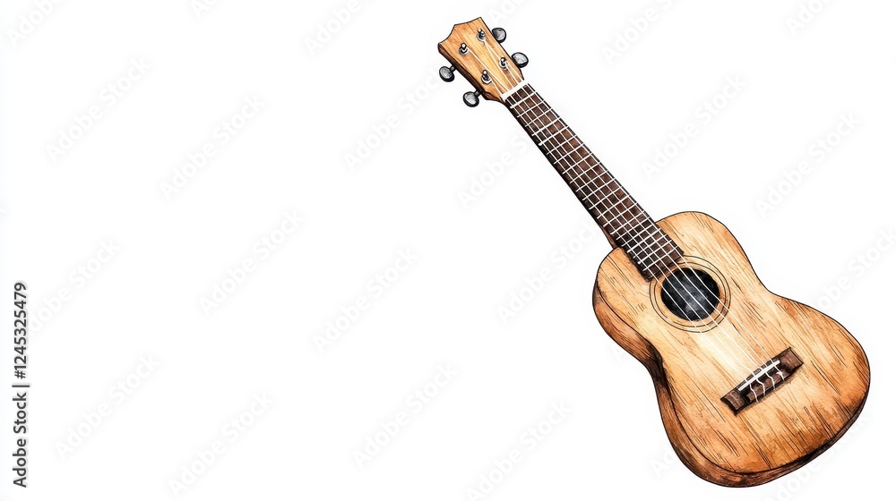 Fototapeta premium Light Brown Ukulele Close Up, Hand Drawn Style On White Background