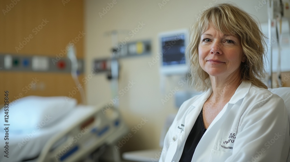Obraz premium Female caucasian doctor in hospital room with medical equipment