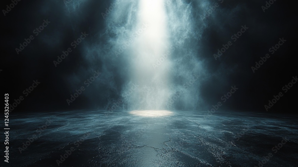Mysterious Dark Scene with Fog and Light Ray on Wet Ground. Generative AI Mysterious Dark Scene with Fog and Light Ray on Wet Ground. Generative AI