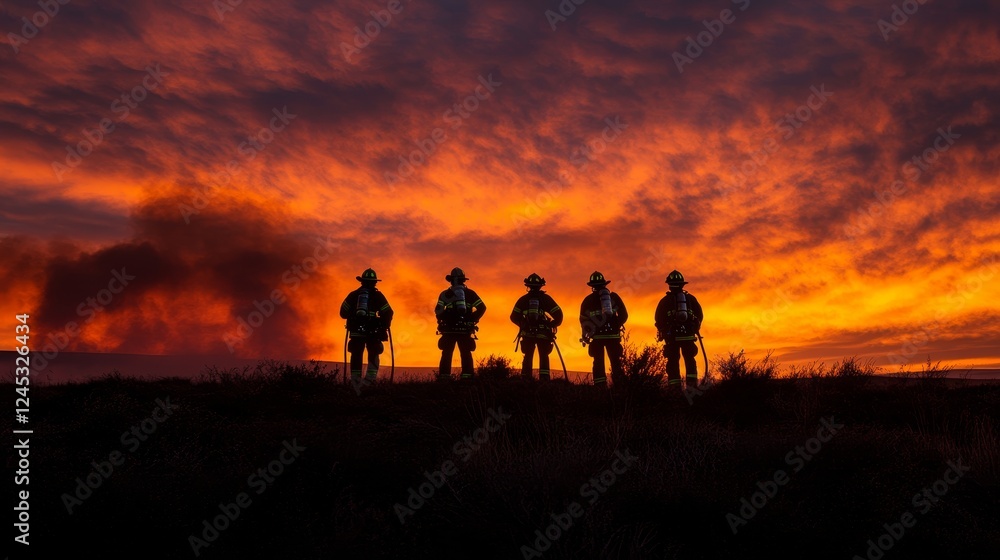 Silhouetted firefighters battling dramatic sunset blaze Silhouetted firefighters battling dramatic sunset blaze