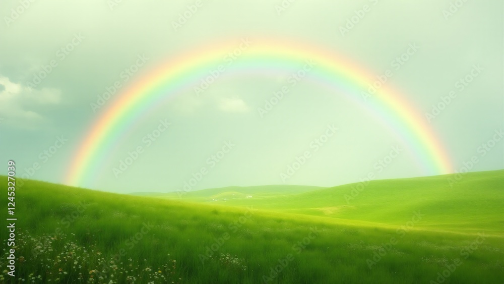 A vivid double rainbow arches over a green field, with vibrant colors contrasting against the sky, creating a magical and awe-inspiring moment of natural beauty. A vivid double rainbow arches over a green field, with vibrant colors contrasting against the sky, creating a magical and awe-inspiring moment of natural beauty.