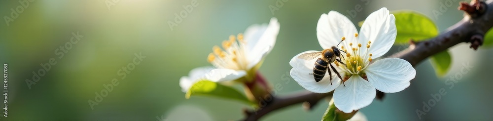 Delicate white flower blooming on a tree branch with a small bee, insects, bees, blossoms Delicate white flower blooming on a tree branch with a small bee, insects, bees, blossoms