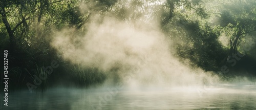 Natural transpiration Concept. A tranquil riverside scene with mist rising above the water, surrounded by lush greenery and soft light.