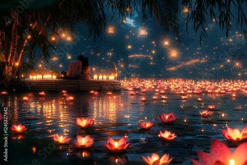 Romantic couple on floating platform, lanterns, river, night
