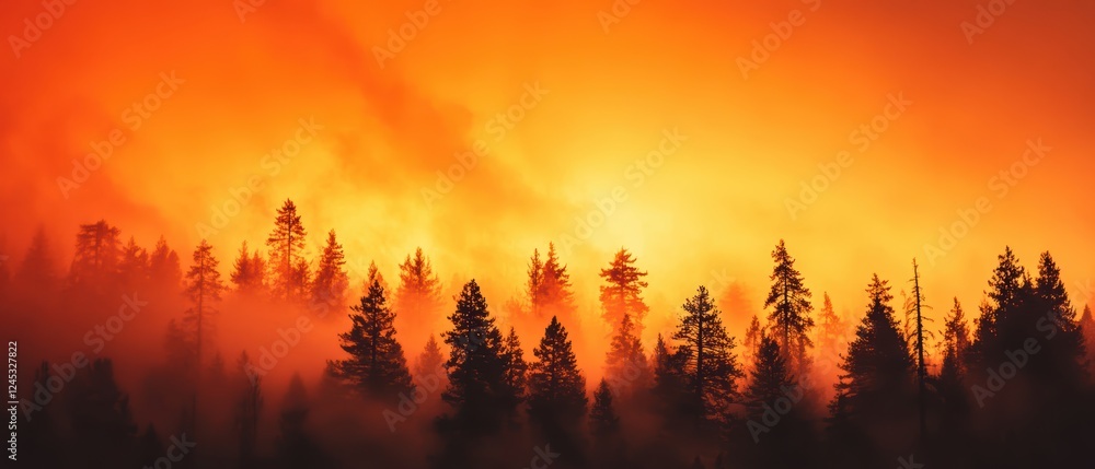 Natural transpiration Concept. Silhouetted trees against a vibrant orange sunset, shrouded in fog, creating a dramatic and atmospheric landscape. Natural transpiration Concept. Silhouetted trees against a vibrant orange sunset, shrouded in fog, creating a dramatic and atmospheric landscape.