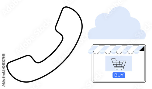 Large telephone receiver and online shopping cart under cloud. Ideal for communication, e-commerce, online shopping, cloud services, tech, customer support, digital marketplace, abstract line flat