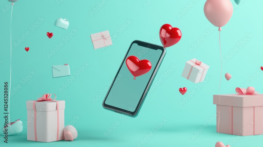 Fototapeta premium Abstract 3D model of a smartphone with exploding icons of shopping, discounts and digital payment solutions, pastel theme