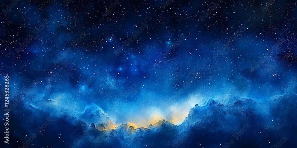 Fototapeta premium Beautiful blue gradient watercolor starry sky background.