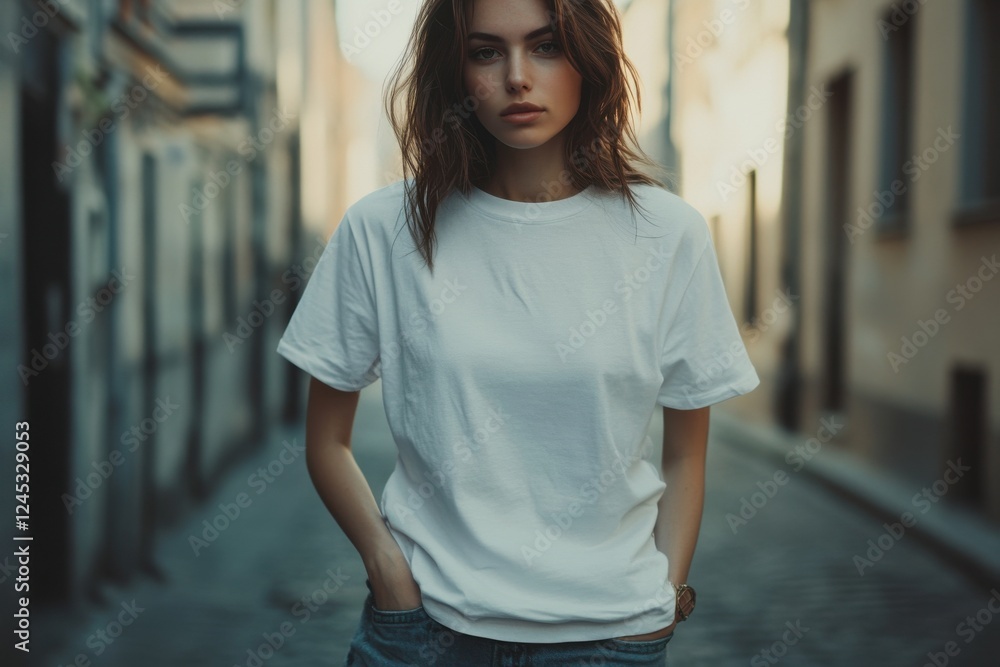 woman is standing on the street wearing a white oversize t-shirt woman is standing on the street wearing a white oversize t-shirt